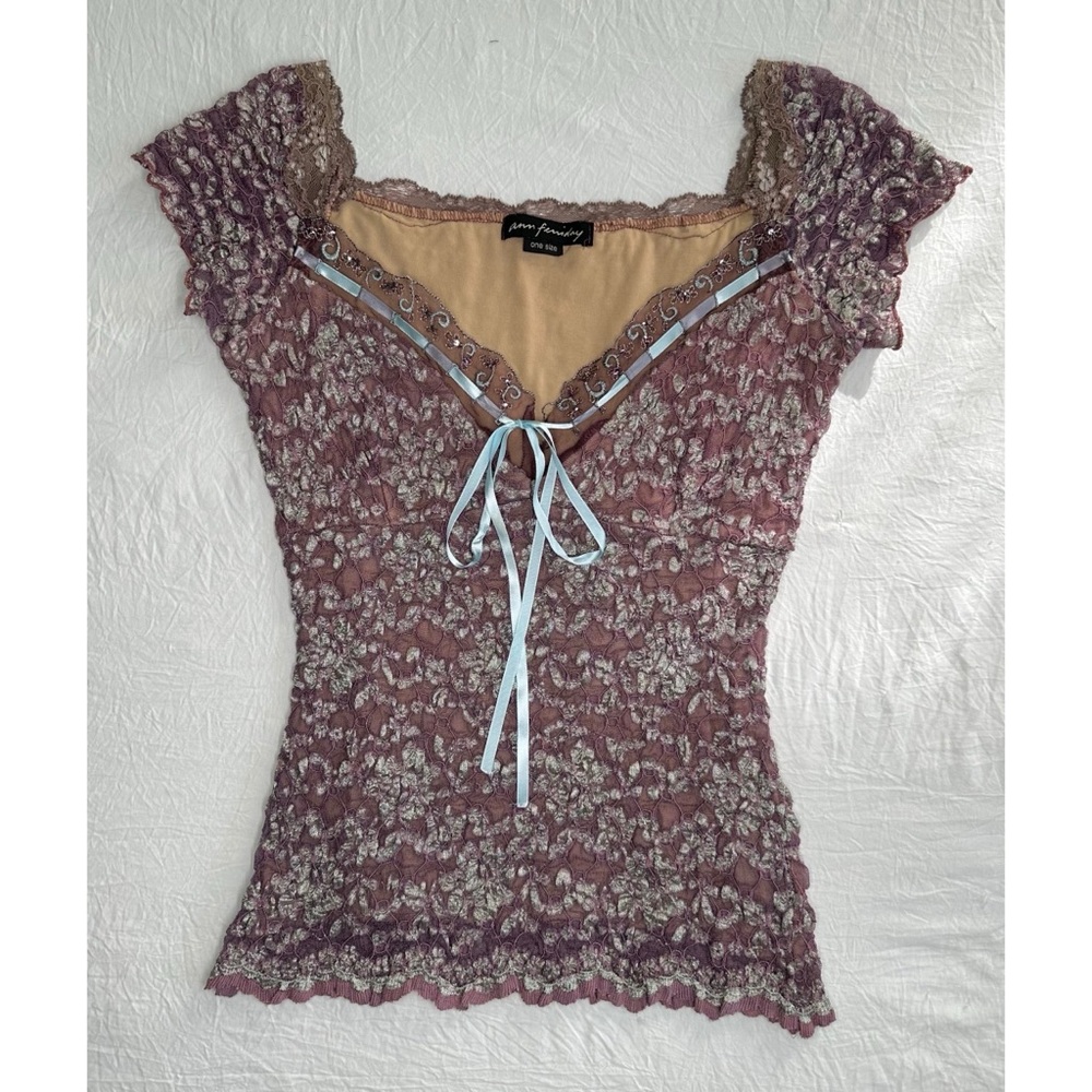 Ann Ferriday Purple and Blue Lace Tie Front Sweetheart Neck Fairy Top